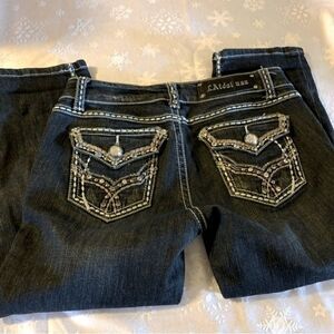 LA Idol Capri Denim Jeans Low Rise Stretch Bedazzled Faux Jewels Juniors 7 NWOT